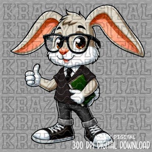 May include: A cartoon rabbit wearing glasses, a black tie, and a black shirt, holding a green book and giving a thumbs-up. The rabbit is wearing black and white trainers. The image has the text "KRAZY DIGITAL 300 DPI DIGITAL DOWNLOAD".