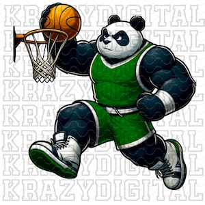 May include: A cartoon panda wearing a green and black basketball uniform, holding a basketball and jumping towards a hoop. The panda has a serious expression on its face.