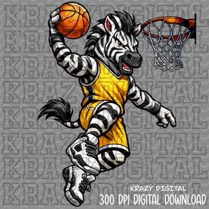 Puede incluir: Ilustración de una cebra con una camiseta de baloncesto amarilla, haciendo un mate con una pelota de baloncesto. La cebra es blanca y negra con una cola negra y lleva zapatillas blancas y negras. El aro de baloncesto es naranja y la red es blanca. El texto "KRAZY DIGITAL" y "300 DPI DIGITAL DOWNLOAD" está en la parte inferior.