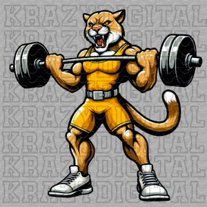 Cougar Powerlifting Yellow PNG, Cougar Mascot PNG, Weightlifting, Wildcat Boy Design, Strong School Mascot Design, Little Brother Spirit