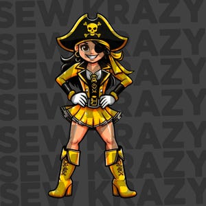 Peut inclure: Une fille pirate de dessin animé portant un costume jaune et noir, un cache-œil et un chapeau de pirate noir avec un crâne et des os croisés. Elle se tient les mains sur les hanches et porte des bottes jaunes.