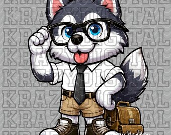 Husky Back To School, White Dog Academics PNG, Student Digital, Studious Design, Glasses Tie Smart Nerdy Guy, Boys Dog School Artwork
