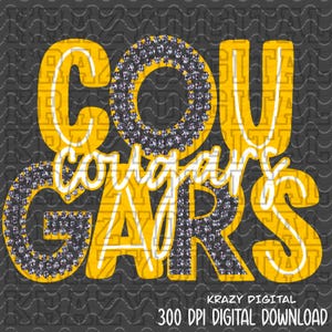 Yellow Cougar Diamond Cut Mascot PNG, Cougar Girly Mascot, Cougar Faux Rhinestone Mascot, Bling Cougar digital, Yellow Cougar Glitter PNG