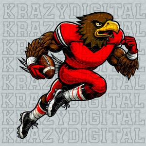 May include: A cartoon illustration of a brown and red eagle wearing a red and white football uniform and holding a football. The eagle is running with its wings spread out.