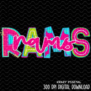 May include: A digital download of a graphic design featuring the word "RAMS" in bright pink, green, and blue letters with a black background.