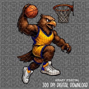 Può includere: Illustrazione di un cartone animato di un'aquila che gioca a basket. L'aquila indossa un'uniforme da basket gialla e blu e scarpe da ginnastica bianche. L'aquila tiene in mano un pallone da basket arancione e sta per schiacciare.