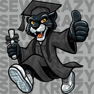 Graduación de la mascota de la pantera PNG, mascota senior de la pantera, PNG de graduación de la pantera, diploma de la pantera y sombrero PNG, arte de la mascota de la escuela de la pantera