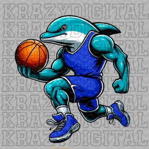 May include: A blue and white dolphin wearing a blue basketball jersey and shorts, dribbling an orange basketball. The dolphin is in a basketball stance with one leg raised and the other leg bent. The dolphin is wearing blue trainers.