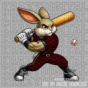 May include: A cartoon rabbit wearing a maroon baseball uniform with white trim, holding a wooden baseball bat and a baseball. The rabbit has a determined expression on its face and is ready to swing the bat.