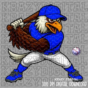 May include: A cartoon illustration of an eagle playing baseball. The eagle is wearing a blue baseball cap, jersey, and shoes, with white trousers. It is holding a bat and a baseball is in the air. The image has the text "KRAZY DIGITAL" and "300 DPI DIGITAL DOWNLOAD".
