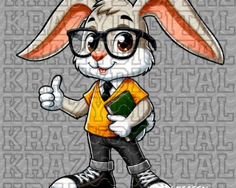 Jackrabbit Yellow Studious PNG, Bunny Fun Shirt Design, Kids Shirt File, Funny Easter Digital Download, Jack Rabbit Blue Smart Artwork