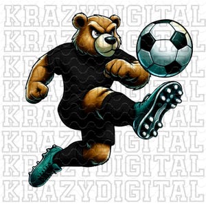 May include: A brown bear wearing a black soccer jersey and black soccer cleats kicks a white and black soccer ball. The bear has a serious expression on its face.