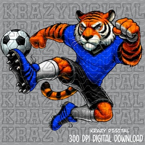 Tijgerblauwe voetbalmascotte png, tijger sportteammascotte png, tijgerblauw digitaal bestand, tijgermascotte voetbalontwerp png, mascotte tijgerjongen