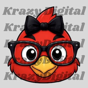 Puede incluir: Ilustración de dibujos animados de un cardenal rojo con gafas de montura negra y una pajarita negra. El pájaro tiene ojos grandes y un pico amarillo. El fondo es gris claro con el texto "Krazy Digital" repetido.