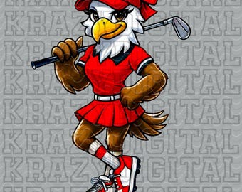 Lady Eagle Red Golf Mascot PNG, Eagle Golf Mascot, Athletic Team Design, Little Sister Design, Eagle Golf Swinging PNG, Mom Spirit Digital