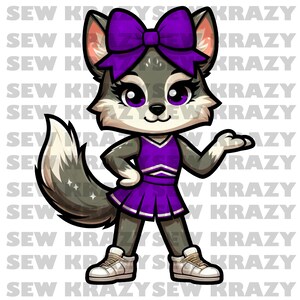 Peut inclure: Un loup de dessin animé portant une tenue de pom-pom girl violette avec une jupe blanche et un nœud violet dans les cheveux. Le loup est debout, la patte droite sur la hanche et la patte gauche tendue vers l'extérieur. Le loup a une queue grise et blanche.