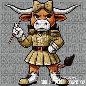 May include: A cartoon longhorn cow character in a tan military-style uniform, complete with a bow, pleated skirt, and star emblem. The image features the text "KRAZY DIGITAL" and "300 DPI DIGITAL DOWNLOAD" in a grey background.