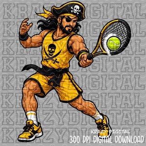 May include: A digital illustration of a pirate character wearing a yellow tank top with a skull and crossbones emblem, yellow shorts, and a black pirate hat with an eye patch. The character holds a tennis racket with a neon green tennis ball.