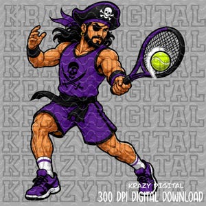 May include: A digital illustration of a pirate athlete wearing a purple tank top with a skull and crossbones emblem, purple shorts, and an eye patch. The character holds a tennis racket with a bright yellow tennis ball. Text reads KRAZY DIGITAL.