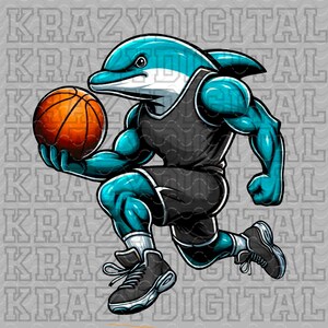 May include: A blue dolphin wearing a black basketball jersey and blue shorts is dribbling an orange basketball. The dolphin is in mid-air, with one leg extended and the other bent at the knee. The dolphin is wearing black and white trainers.