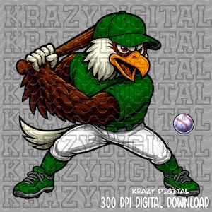 May include: A digital illustration of an eagle in a baseball uniform, ready to swing a bat. The eagle is wearing a green cap, jersey, and shoes, with white trousers. A baseball is in the air. The image includes the text "KRAZY DIGITAL" and "300 DPI DIGITAL DOWNLOAD".