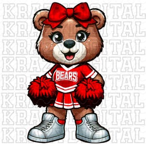 May include: A brown teddy bear wearing a red and white cheerleader outfit with pom-poms. The outfit says "Bears" on the front. The bear is wearing a red bow and white sneakers.