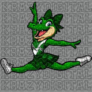 May include: A cartoon alligator mascot in a green cheerleading uniform performs a split leap. The alligator has a green body, white trainers, and a smiling expression. The background is a gray pattern with the text "KRAZY DIGITAL".