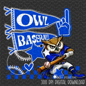 Puede incluir: Un gráfico de béisbol azul y blanco con un búho que lleva un uniforme de béisbol azul y sostiene un bate. El gráfico incluye el texto "OWL BASEBALL" y una estrella.