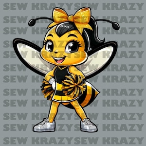 May include: A cartoon bee cheerleader with black hair, a yellow and black uniform, and a gold bow. She is holding a black and gold pom-pom in her right hand and has a big smile on her face.