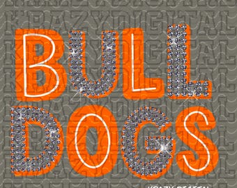 Mascota de bulldog naranja con diamantes de imitación PNG, mascota de bulldog con purpurina DTF, archivo digital de bulldog, diamantes de imitación de bulldog, arte de mascota deslumbrante de bulldog