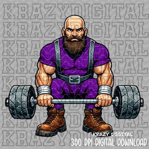 Op de afbeelding: Digitale illustratie van een gespierde man in paarse trainingskleding, die een halter optilt. Hij heeft een kale kop, een lange baard en draagt bruine werklaarzen. De afbeelding bevat de tekst "KRAZY DIGITAL" en "300 DPI DIGITAL DOWNLOAD".