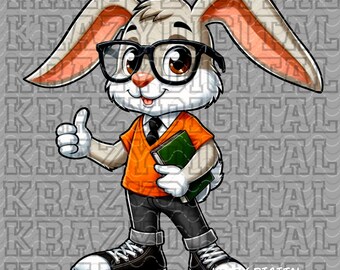 Jackrabbit Orange Studious PNG, Bunny Fun Shirt Design, Kids Shirt File, Funny Easter Digital Download, Jack Rabbit Smart Artwork