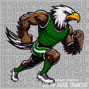 May include: A cartoon illustration of a bald eagle wearing a green basketball jersey and white shorts. The eagle is running with its wings spread out behind it. The eagle has a determined expression on its face.