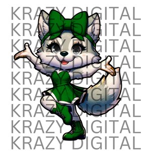 May include: A cartoon wolf wearing a green and white dress with a green bow. The wolf is standing on its hind legs with its tail curled behind it. The wolf has a friendly expression on its face.