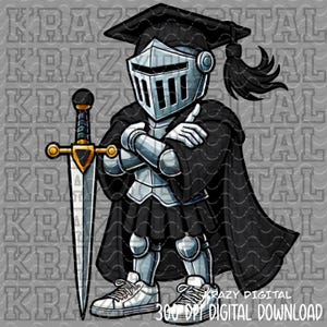 May include: A cartoon illustration of a knight wearing a graduation cap and gown, holding a sword. The knight is wearing a silver helmet with a visor and black armor. The knight is standing on a gray background.