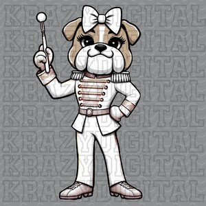 Puede incluir: Un bulldog de dibujos animados con un uniforme blanco y dorado, un lazo en la cabeza y un bastón. El bulldog está de pie sobre un fondo gris con el texto "KRAZY DIGITAL" repetido.