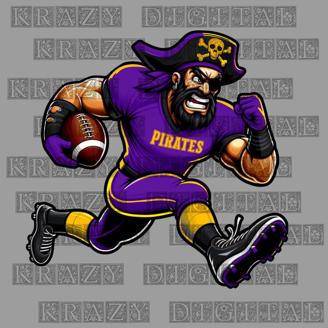 Purple Gold Pirate Football Mascot PNG, Cartoon Football Purplegold