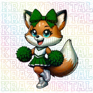 May include: A cartoon fox wearing a green and white cheerleader uniform with a green bow, holding green pom-poms.