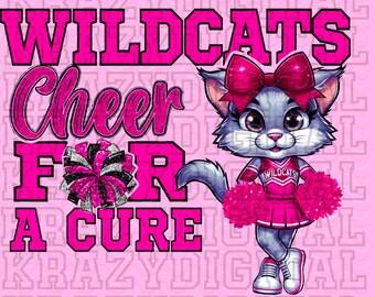 Peut inclure: Une pom-pom de cheerleading rose et blanche avec un chat gris et blanc portant un uniforme de cheerleading rose avec le texte "Wildcats Cheer For A Cure".