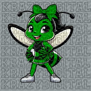 May include: A cartoon illustration of a green bee character in a cheerleader outfit. The bee has a green body, black and white striped skirt, and white sneakers. It is holding green and black pom-poms and has a green bow in its hair.
