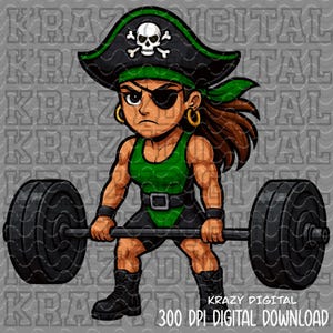 Op de afbeelding: Een cartoon illustratie van een gespierde piraat die een halter optilt. De piraat draagt een groen en zwart outfit, een zwarte piratenhoed met een doodshoofd en gekruiste botten, en een ooglapje. De afbeelding bevat de tekst "KRAZY DIGITAL" en "300 DPI DIGITAL DOWNLOAD".