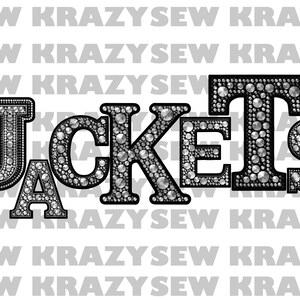 May include: The word "JACKETS" is spelled out in large, bold letters with each letter covered in silver rhinestones. The letters are outlined in black.