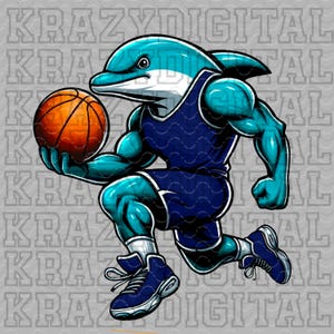 May include: A blue dolphin wearing a blue and white basketball uniform dribbling an orange basketball. The dolphin is wearing blue trainers and has a determined expression on its face.