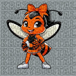 May include: A cartoon bee cheerleader with black hair, orange and black pom-poms, and a black and orange uniform. The bee has large, black eyes and a big smile. The bee is wearing white sneakers.