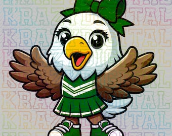 Mascota de porristas verdes de las Águilas PNG, mascota femenina de la pequeña águila, archivo del equipo juvenil de porristas, lazo de águila PNG, diseño de espíritu de mamá, linda camiseta de águila PNG