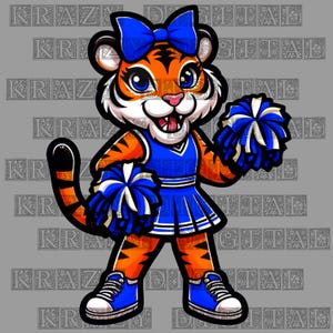 May include: A cartoon tiger wearing a blue and white cheerleader outfit with a blue bow in its hair. The tiger is holding two blue and white pom-poms.