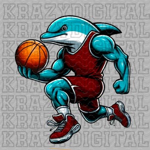 May include: A blue dolphin wearing a red basketball jersey and shorts, dribbling an orange basketball. The dolphin is wearing red and white trainers.
