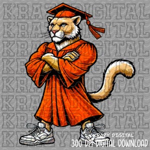 Cougar orange senior PNG, Puma remise des diplômes PNG, mascotte personnalisée séniors, garçon mascotte Cougar DTF, mascotte de l'école maternelle de l'obtention du diplôme