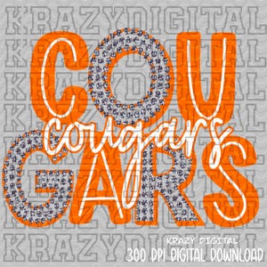 Orange Cougar Diamond Cut Mascot PNG, Cougar Girly Mascot, Cougar Faux Rhinestone Mascot, Bling Cougar digital, Orange Cougar Glitter PNG