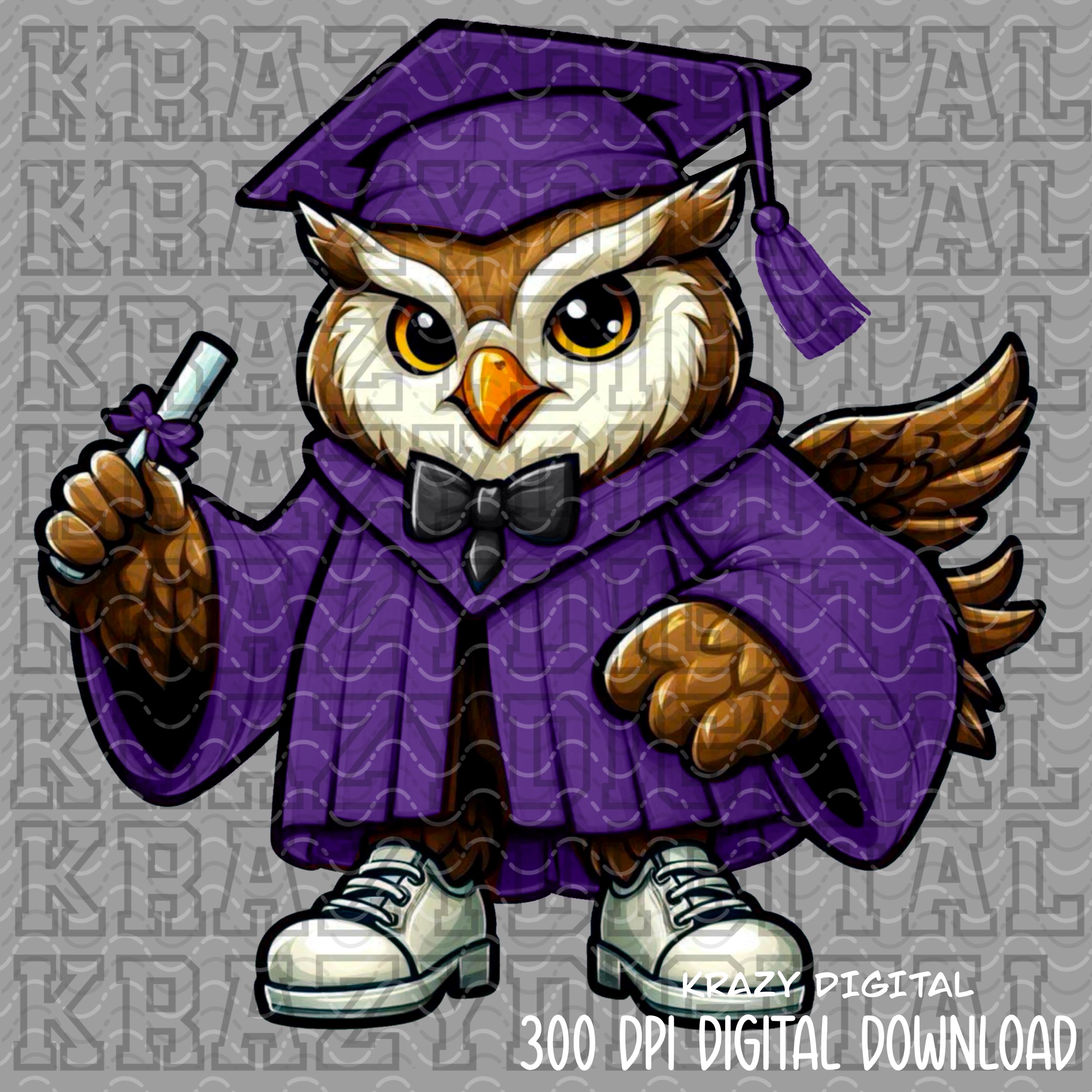 Owl Purple Graduation PNG, Boy Owl Senior Mascot, Owl Graduation PNG, Owl Diploma and hat PNG, Owl M